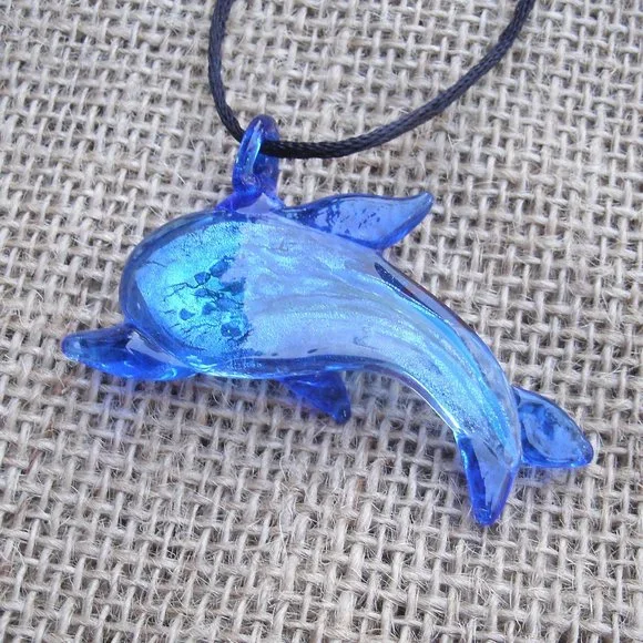 Murano Glass Blue Dolphin Pendant Necklace - Picture 8 of 15